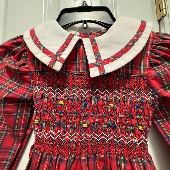 Polly Finders Red plaid smocked with plaid trimmed collar and tie bow 6X - Picture 2 of 7